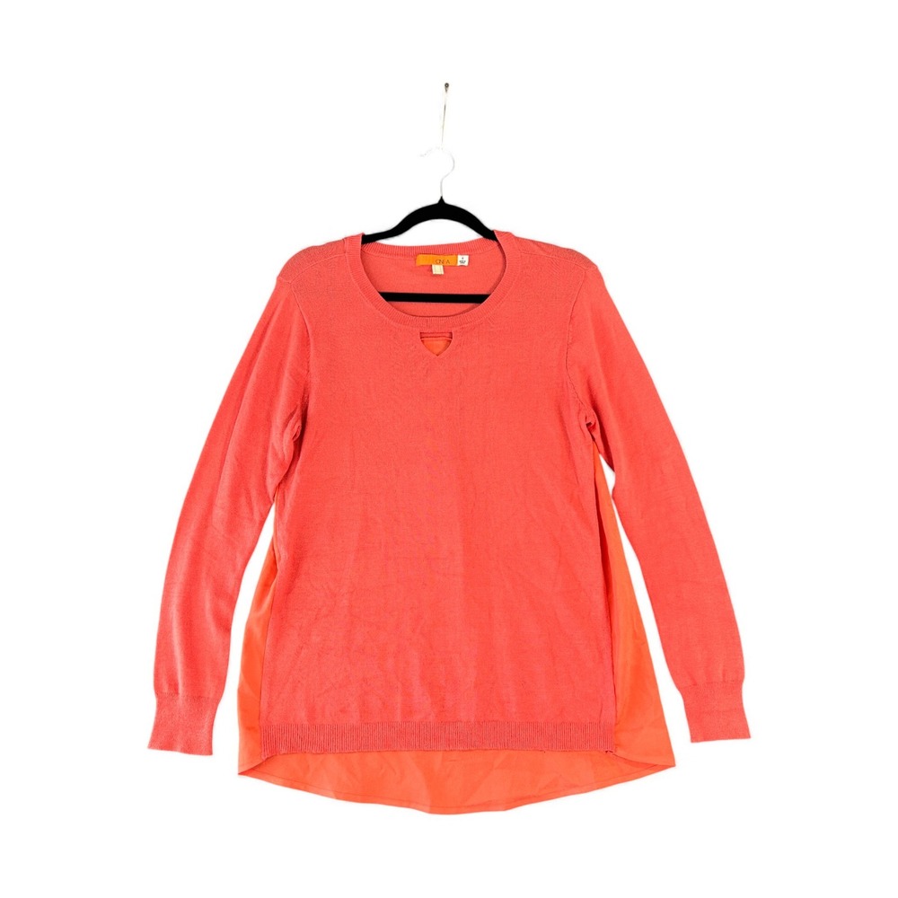 ONE A Coral Orange Crew Neck Long Sleeve Knit Top Layered Hem Size S
